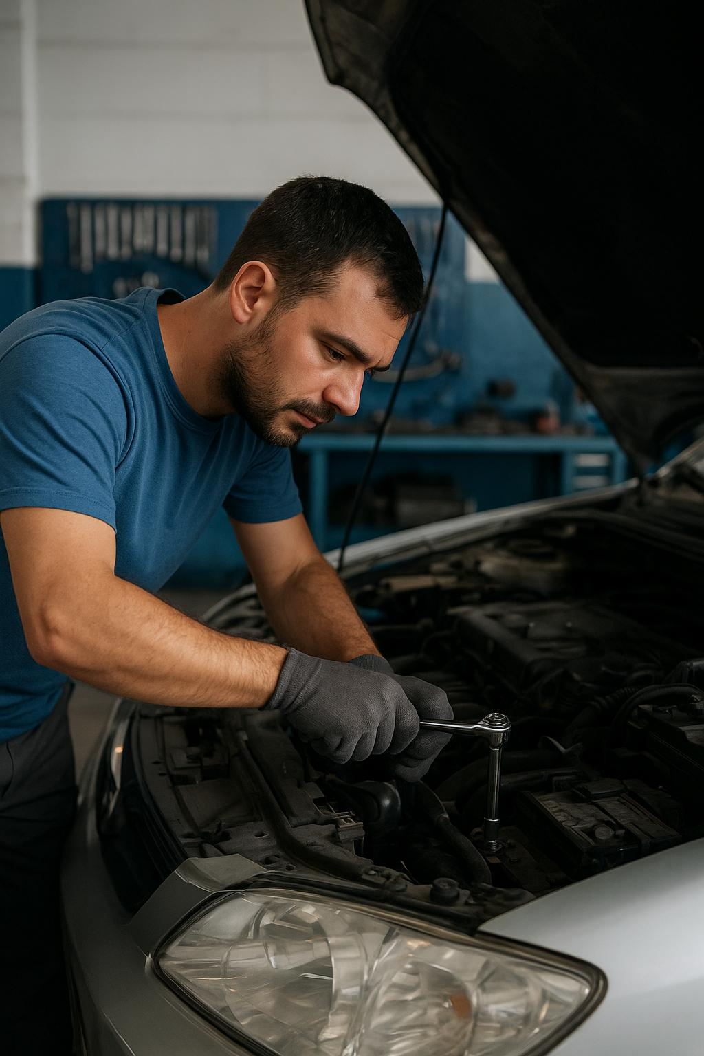 Two mechanics collaborating with a laptop